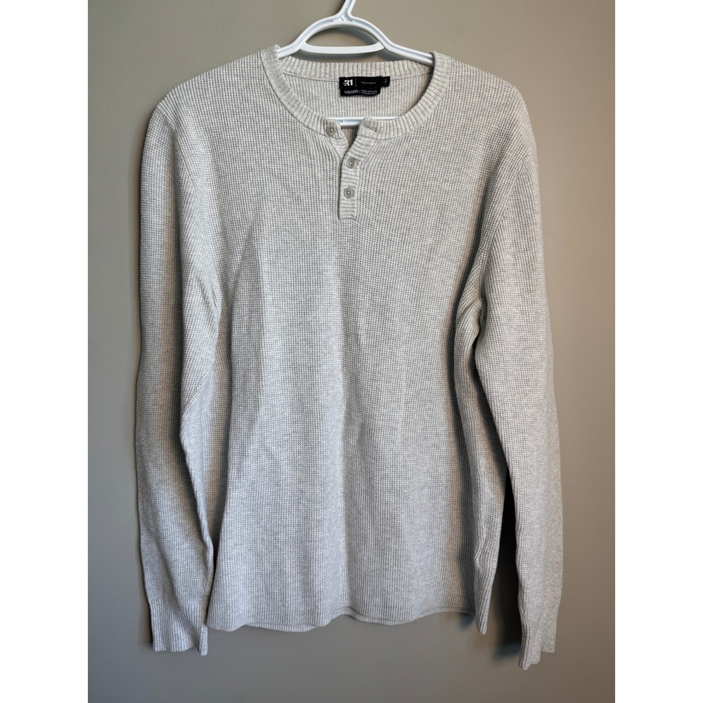Le 31 Vision Henley Waffle Knit Long Sleeve Tee Large Grey Casual Sustainable